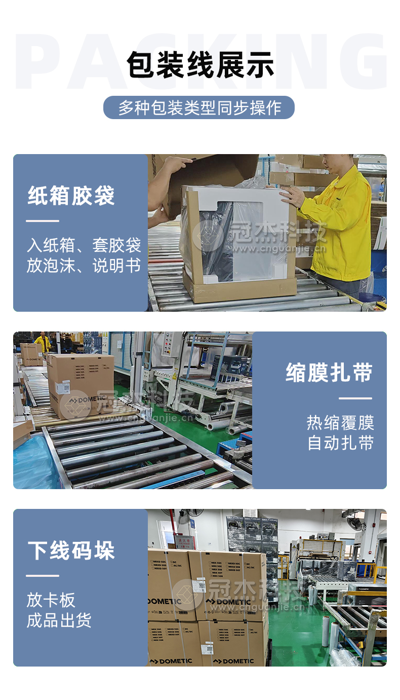 12多美达移动冰箱总装线详情页-包装线展示（入纸箱、套胶袋、放泡沫、说明书等，热缩覆膜/自动扎带，下线人工码垛）